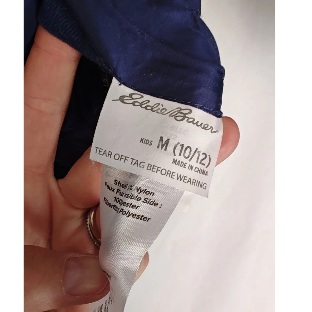 Eddie Bauer Youth Reversible Puffer‎ Jacket Light Blue Navy Hood Fleece M 10 12
